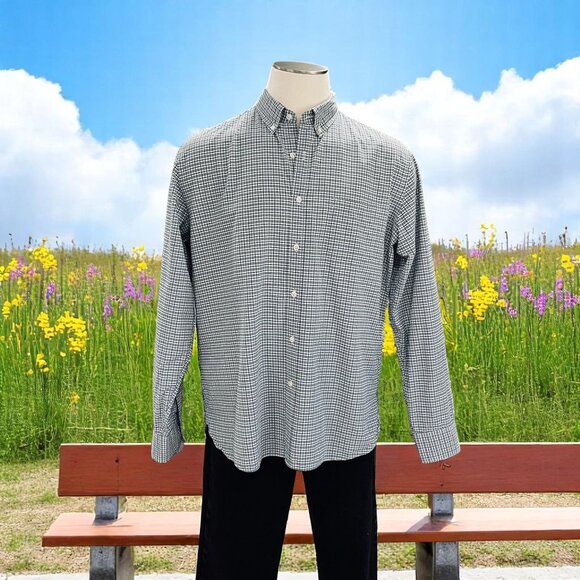 J Crew Mens Button Down Shirt XL Green Navy Check Plaid 2 Ply Cotton Casual - Picture 1 of 8